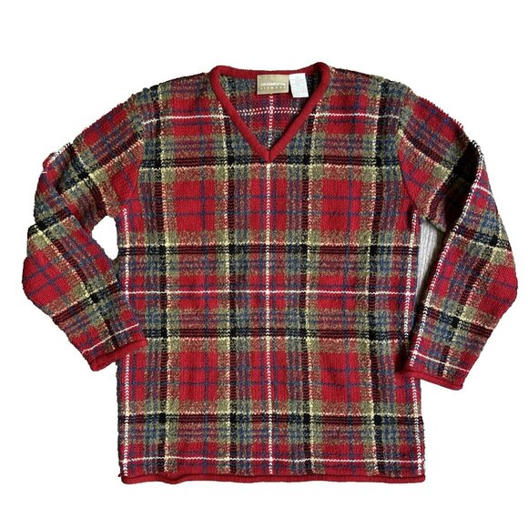 2/$18 SALE! Liz Claiborne Sweater Womens Size S Plaid‎ Red Wool Blend Boxy - Picture 1 of 7